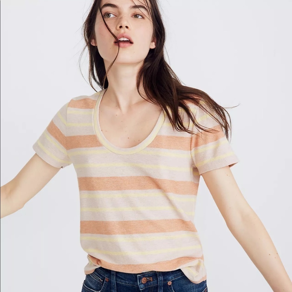 Madewell Alto Scoop Tee in Montoya Stripe Cream Yellow Tan Orange Color SZ XXS